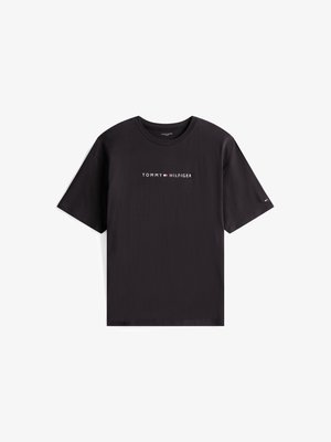 Crna pamučna majica s kratkim rukavima, s bijelim logom "TOMMY HILFIGER" i malim crvenim i bijelim zastavnim znakom na rukavu.