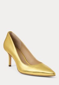 Gold metallic high heel shoe with a pointed toe, smooth texture, slender heel, and a low-cut front design.