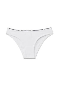 Witte katoenen bikinionderbroek met een decoratieve zwarte elastische tailleband met de tekst "UNITED COLORS OF BENETTON". Glad textuur en eenvoudig ontwerp.