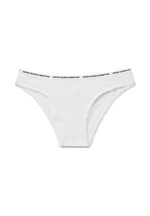 Biały bikini z bawełny z dekoracyjnym czarnym elastycznym paskiem w talii z napisem "UNITED COLORS OF BENETTON". Gładka tekstura i prosty design.