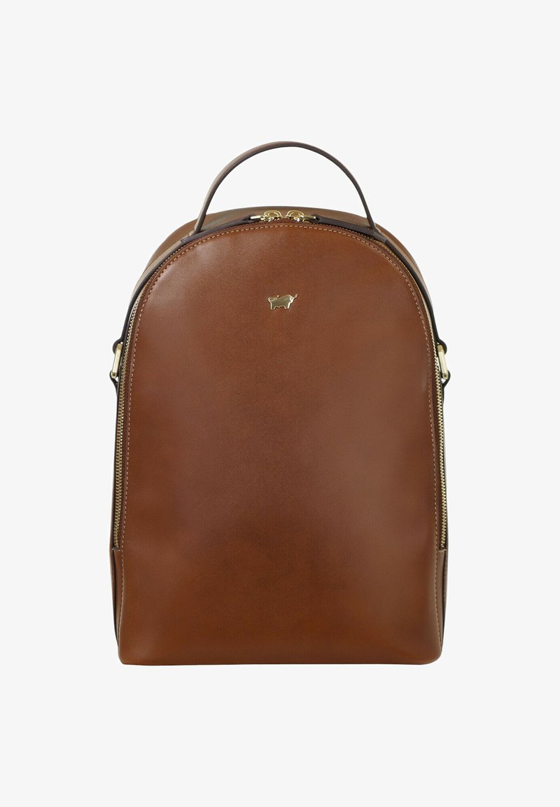 Zaino in pelle marrone con design arrotondato, dettagli in metallo dorato e manico superiore. Presenta cerniere lungo i lati per l'accesso.