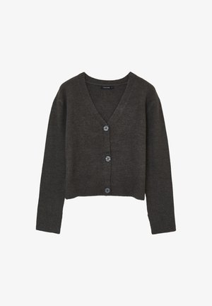Cardigan court gris foncé avec un col en V, des manches longues et cinq boutons à l'avant. Fabriqué en un matériau tricoté doux et texturé.