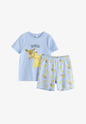 Hellblaues Kinder-Pyjama-Set mit den Pokémon-Charakteren Pikachu und Evoli, die auf Hemd und Shorts gedruckt sind.