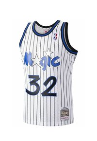 Biała koszulka do koszykówki z pionowymi czarnymi paskami. Ma niebieski napis "Magic", gwiazdki i wyróżniony numer "32". Zawiera logo NBA i metkę.