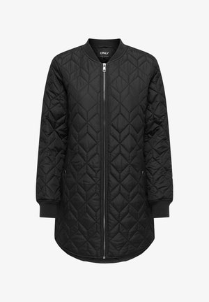 Duga crna prošivena jakna s dijamantnim šavovima, zatvaračem preko cijele prednje strane, rebrastim manžetama i detaljima džepova sa kopčama na pritisak.