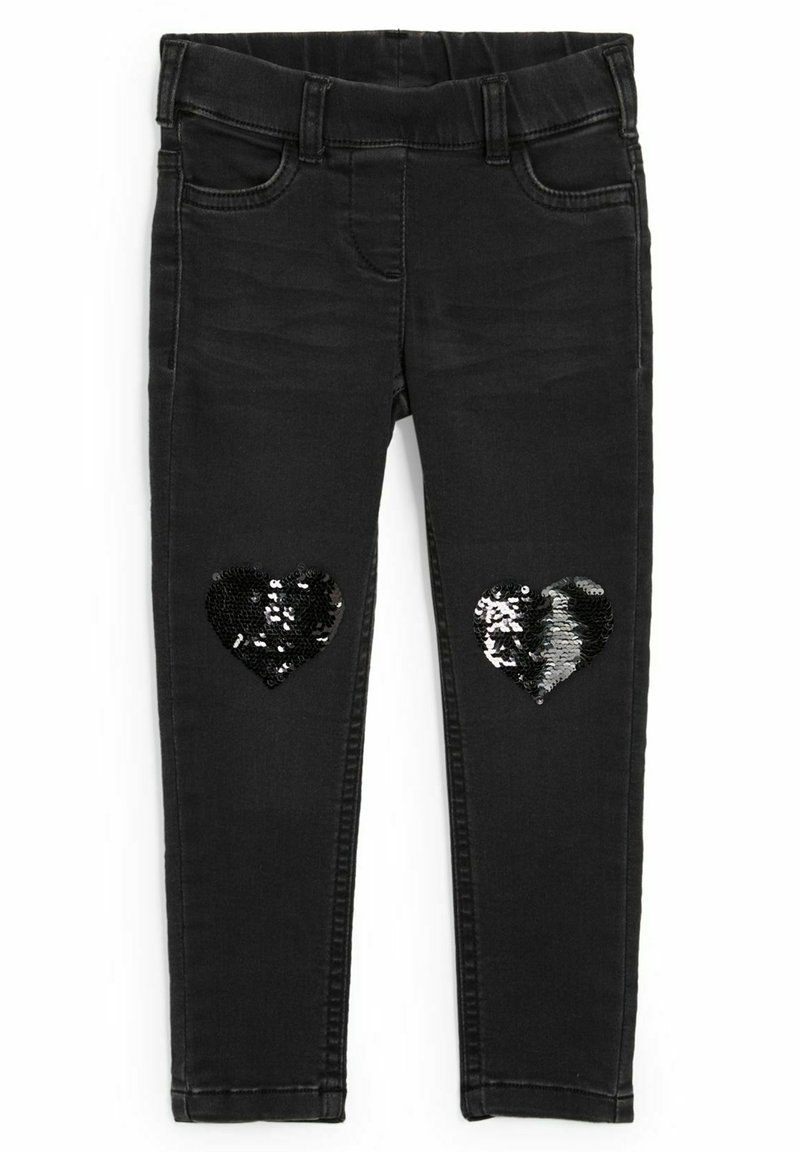 Pantalon en denim noir avec deux patchs en forme de cœur pailletés sur les genoux, taille élastique et poches avant.