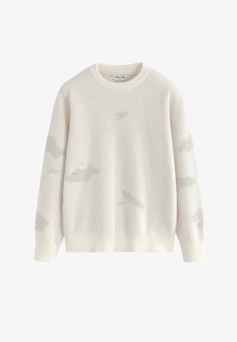 Pull crème à la surface texturée, col rond et épaules tombantes. Motifs abstraits gris clair sur le tissu.