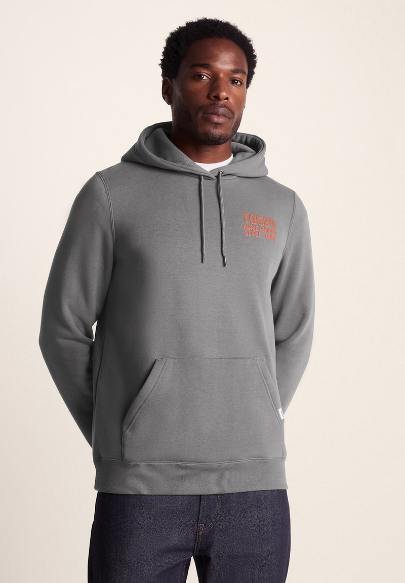 Gray hoodie with a front kangaroo pocket and adjustable drawstring. Features orange text logo on the chest and ribbed cuffs and hem.