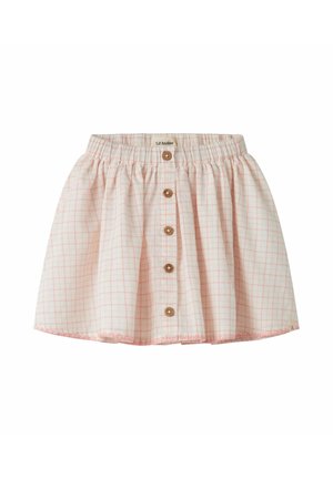 Ružová a biela kockovaná sukňa pre batoľa s elastickým pásom a piatimi drevenými gombíkmi vpredu.