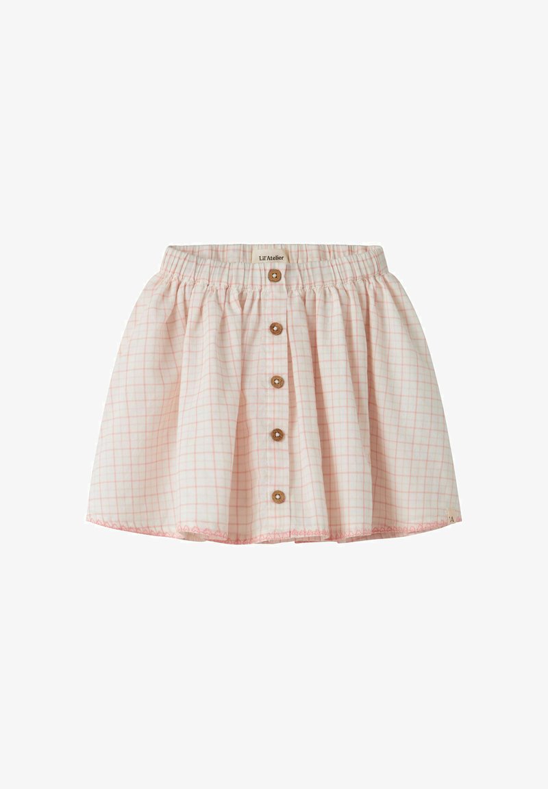 Ružová a biela kockovaná sukňa pre batoľa s elastickým pásom a piatimi drevenými gombíkmi vpredu.