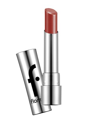 Red lipstick in a silver tube with the cap beside it, featuring a black lowercase 'f' logo on the cap.