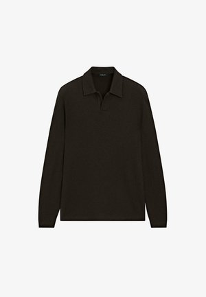 Dark brown long-sleeve polo shirt made of textured fabric. Features a wide collar and a six-button placket for closure.