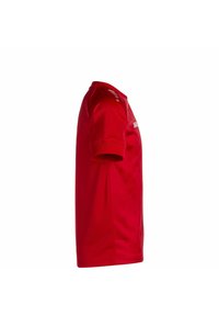 Maglia sportiva rossa con maniche corte, collo rotondo e motivo testurizzato; presenta un logo bianco e testo sulla spalla anteriore.