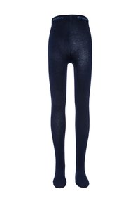 Marineblaue Strumpfhosen aus einem weichen, elastischen Gewebe mit glatter Textur. Mit einem breiten, elastischen Bund mit Branding. Volle Länge.