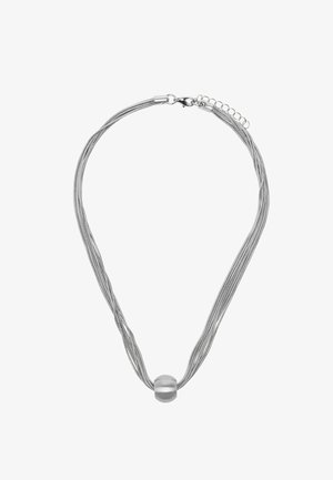 Srebrny naszyjnik z wieloma rzędami, z gładką, zaokrągloną prostokątną koralikiem na środku oraz zapięciem typu karabińczyk z regulowanym łańcuszkiem.