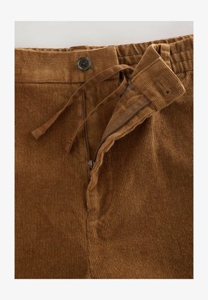 Brūni korduroja bikses ar rāvējslēdzēju un auklu. Pamanāma ribota tekstūra un viena pogas aizdare gurnos.