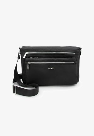 Borsa a tracolla nera in nylon con due scomparti con cerniera, ferrature color argento e tracolla regolabile. Texture liscia con dettagli minimi.