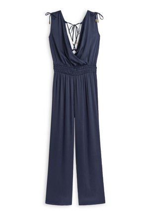 Navy blauwe jumpsuit van lichte stof, met een diepe V-hals, smocktaille en verstelbare bindbanden op de schouders.