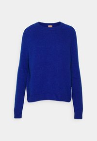 Modrý svetr s kulatým výstřihem, dlouhými rukávy, žebrovanými manžetami a lemem. Vyrobený z texturované látky, s jednobarevným designem.