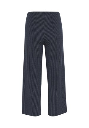 Navy striped wide-leg pants with a high waist, featuring vertical white pinstripes, made of a soft fabric for comfort and ease of movement.