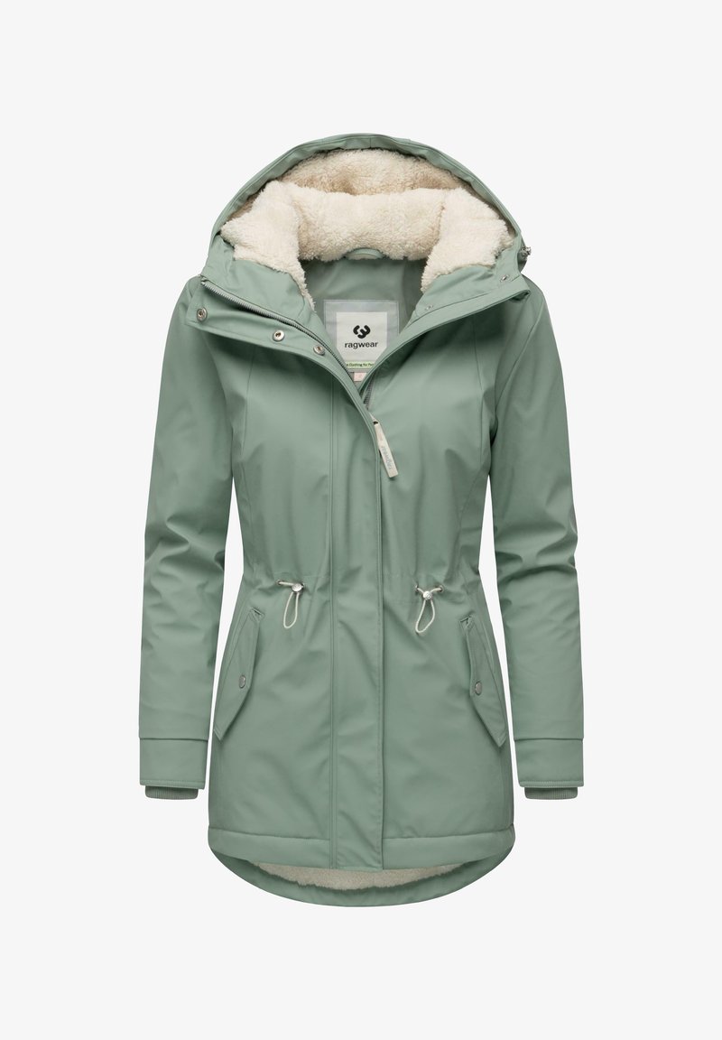 Light green waterproof jacket with a soft faux fur lining, adjustable drawstring waist, and two front pockets. Features a hood and zip closure.