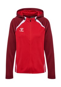 Rode en bordeauxkleurige zip-up hoodie met een witte streep, capuchon en voorkeurszakken. Bevat een logo op de borst en heeft een gestructureerde stof.
