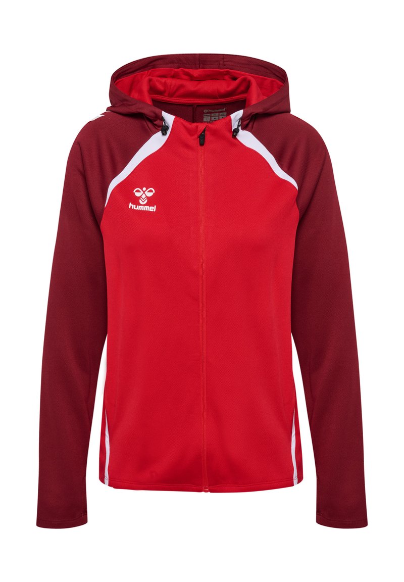 Rode en bordeauxkleurige zip-up hoodie met een witte streep, capuchon en voorkeurszakken. Bevat een logo op de borst en heeft een gestructureerde stof.