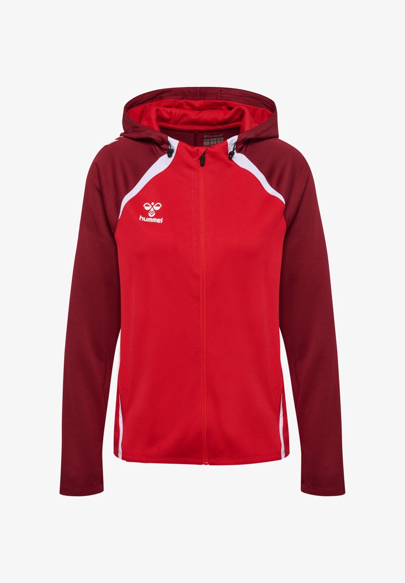 Rode en bordeauxkleurige zip-up hoodie met een witte streep, capuchon en voorkeurszakken. Bevat een logo op de borst en heeft een gestructureerde stof.