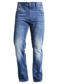 Blå denimjeans med rak skärning, lätt slitning på benen, standard femfickdesign och en knapp vid midjan.