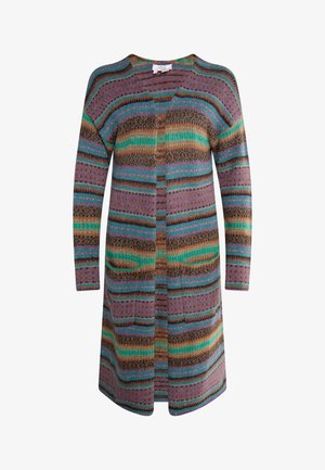 Mehrfarbige lange Strickjacke aus strukturiertem Strickstoff mit Streifen in lila, blaugrün, braun und schwarz, mit vorderen Taschen.