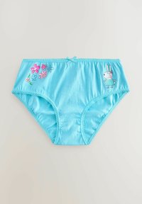 Casa di lingerie in cotone di un delicato blu cielo, con ricami floreali in rosa e verde, un personaggio di coniglio e un fiocco decorativo in vita.