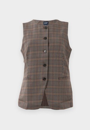 Ermeløs rutete vest med fem svarte knapper, to frontslisslommer og rund halsing, i brune og dempede toner.