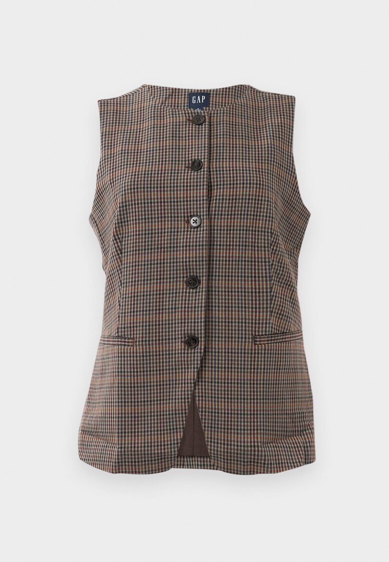 Ärmellose karierte Weste mit fünf schwarzen Knöpfen, zwei vorderen Eingrifftaschen und rundem Ausschnitt, in braunen und gedeckten Tönen.