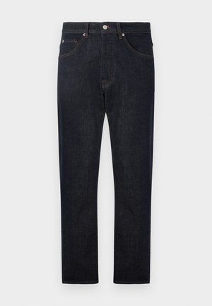 Donkerblauwe denim jeans met een recht model, voorzien van vijf zakken, contrasterende oranje stiksels en een knoopsluiting bij de taille.