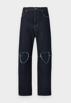 Dunkelblaue Jeans aus Denim mit geraden Beinen und abgenutzten herzförmigen Applikationen auf beiden Knien.