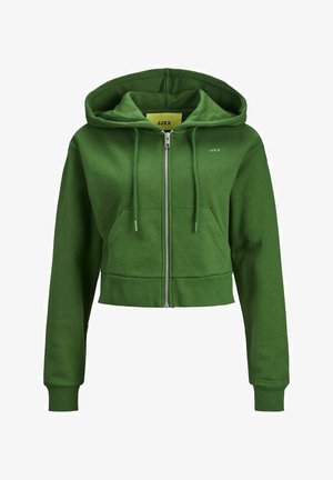 Zielona skrócona bluza z kapturem na zamek, z przednimi kieszeniami, kapturem ze sznurkiem i małym logo "JJXX" na lewej piersi i wewnątrz kołnierza.