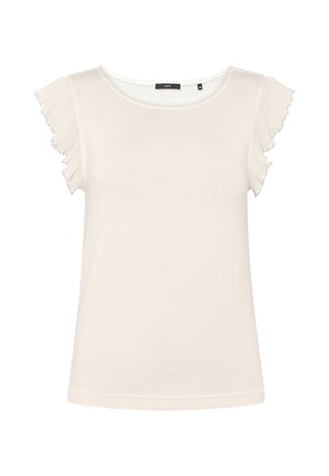 Roomkleurige blouse met korte mouwen, geplooide ruches op de mouwen en een ronde halslijn.