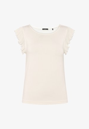 Blusa a maniche corte color crema con dettagli arricciati plissettati sulle maniche e scollatura tonda.