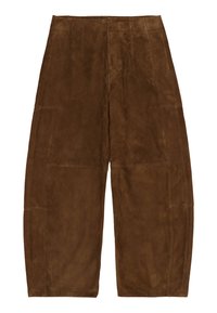 Braune Wildlederhose mit weitem Bein, abgenähten Paneeldetails und hoher Taille, flach auf weißem Hintergrund präsentiert.