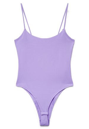 Costume intero lilla con sottili spalline a spaghetti e scollo rotondo, disteso su uno sfondo bianco.