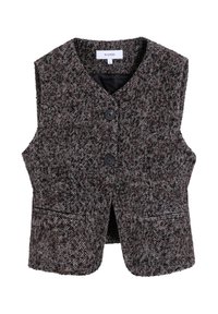 Chaleco marrón con patrón de espiga, diseño sin mangas, con dos bolsillos frontales, terminado con dos botones negros y un forro interior negro.