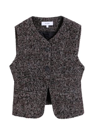 Brown herringbone-patterned vest, sleeveless design, two front pockets, finished with two black buttons and a black interior lining.