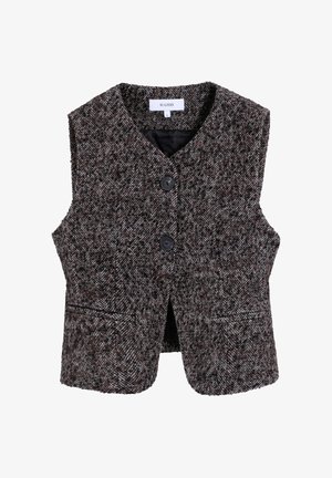 Gilet in tessuto a spina di pesce marrone, design senza maniche, con due tasche frontali, rifinito con due bottoni neri e una fodera interna nera.