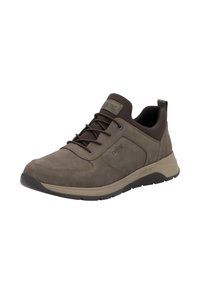 Brązowe skórzane sneakersy o teksturowanej powierzchni, z wyściełanym kołnierzem i sznurowanym zapięciem. Posiadają kontrastującą beżową podeszwę i subtelną markę.