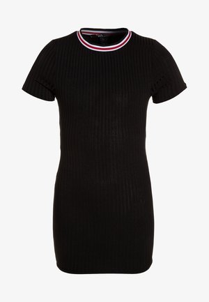 Vestido de punto acanalado negro de manga corta con escote redondo adornado con rayas rojas, blancas y negras.