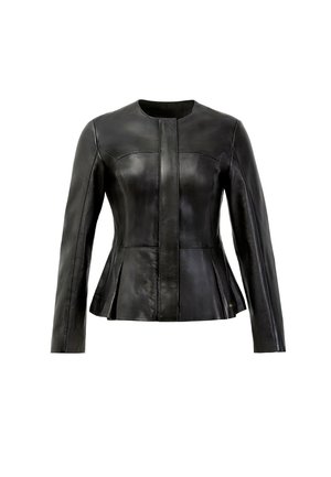 Dopasowana czarna skórzana kurtka z długimi rękawami, okrągłym dekoltem, szwem z przodu i delikatnym rozszerzeniem w talii.