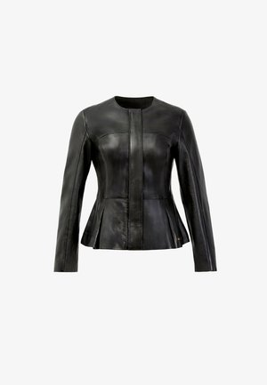 Dopasowana czarna skórzana kurtka z długimi rękawami, okrągłym dekoltem, szwem z przodu i delikatnym rozszerzeniem w talii.