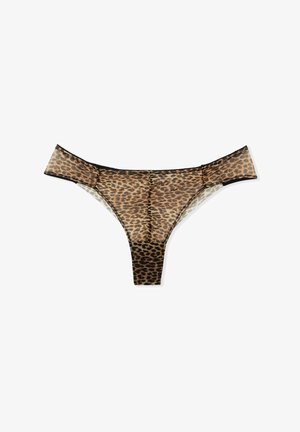 String léopard en tissu transparent avec des bordures noires, présentant un design taille basse et une couverture minimale.