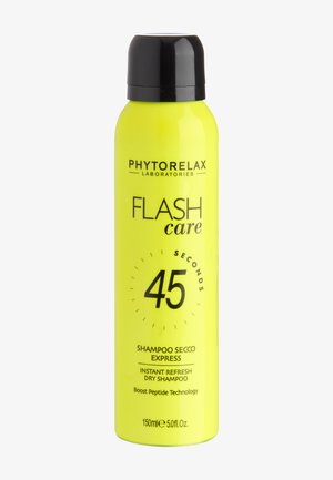 Bottiglia giallo brillante di Phytorelax Flash Care shampoo secco 45 secondi con tappo nero e testo, formato 150 ml.