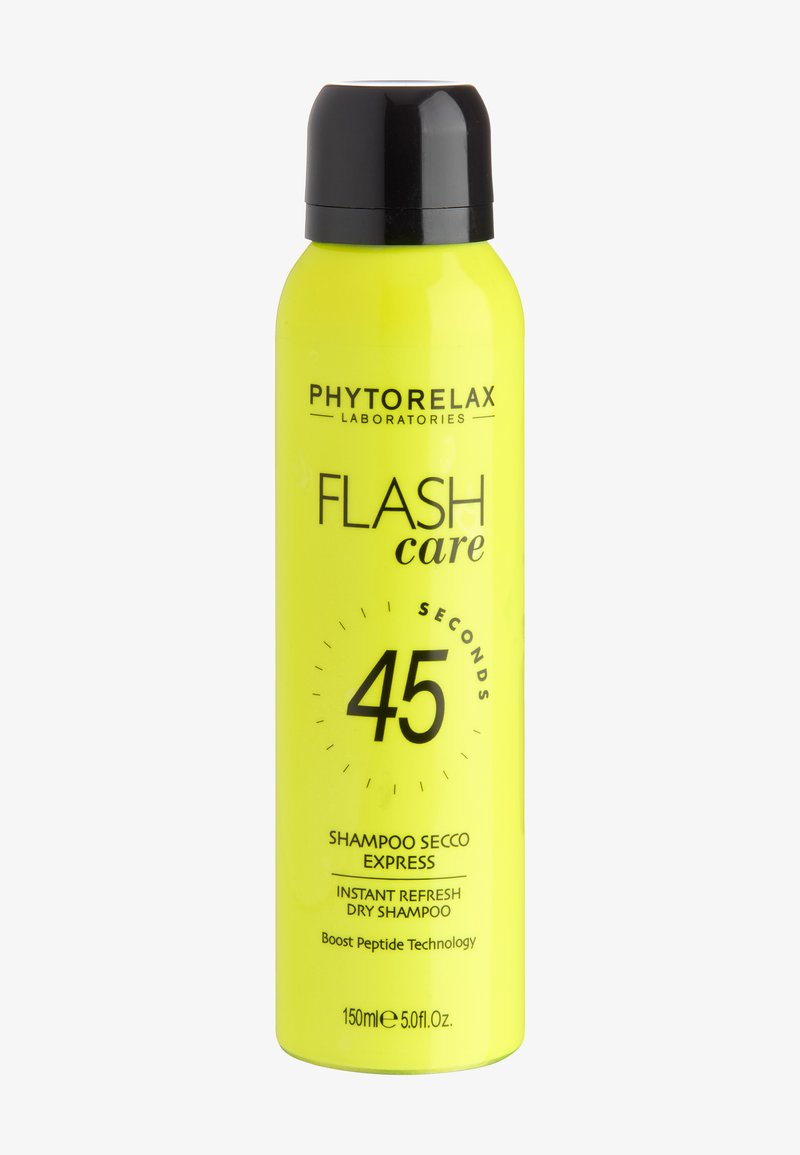 Flacon jaune vif de Phytorelax Flash Care shampoing sec 45 secondes avec bouchon noir et texte, taille 150 ml.